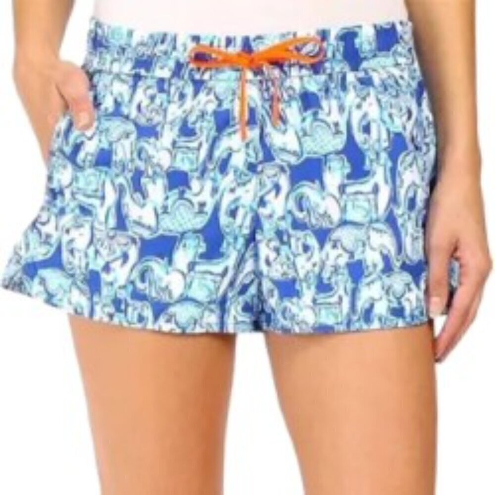 Lilly Pulitzer Blue & Whte Elephant Get Trunky Luxletic Shorts XSmall